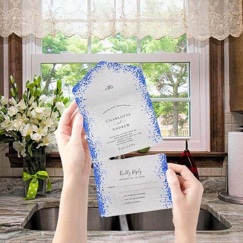 Silver royal blue confetti modern wedding all in one invitation