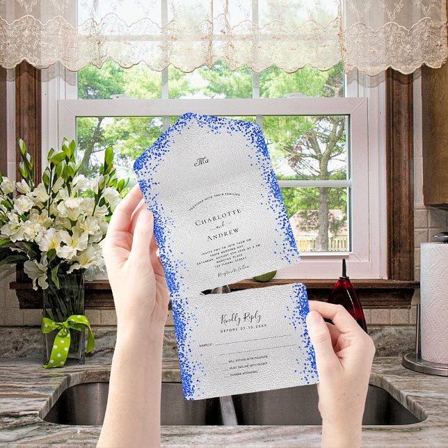 Silver royal blue confetti modern wedding all in one invitation (Creator Uploaded)