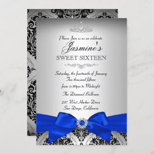 Silver & Royal Blue Damask Sweet 16 Invitation