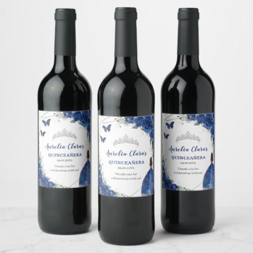 Silver Royal Blue Floral Quinceaera 16th Birthday Wine Label
