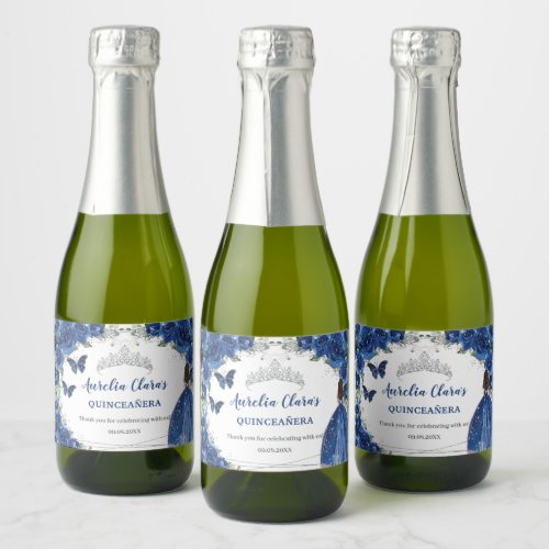 Silver Royal Blue  Floral Quinceaera Birthday Sparkling Wine Label