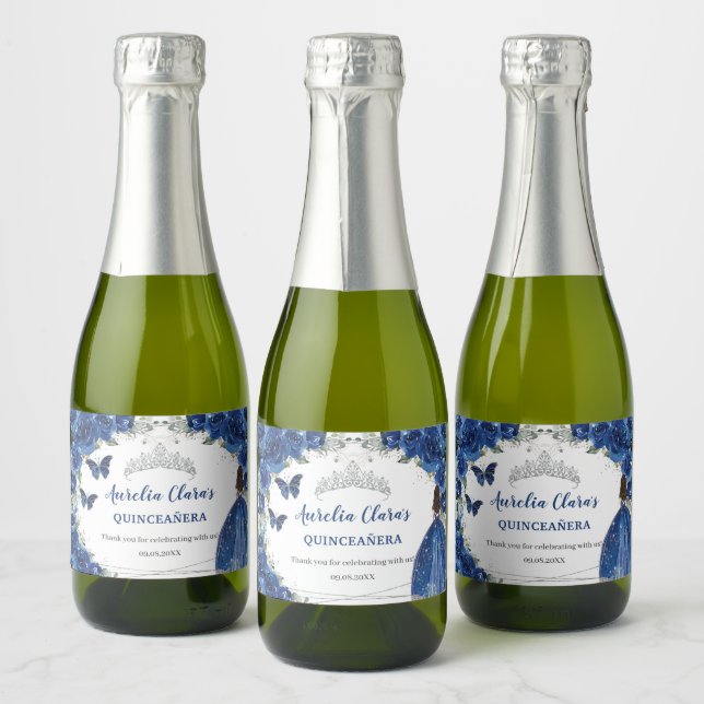 Silver Royal Blue  Floral Quinceañera Birthday Sparkling Wine Label (Bottles)