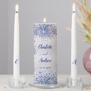 Silver royal blue glitter dust names wedding unity candle set