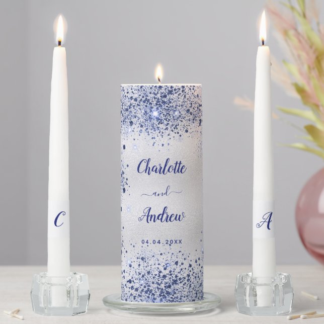 Silver royal blue glitter dust names wedding unity candle set (In Situ)