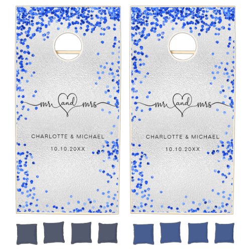 Silver royal blue glitter names mr mrs wedding  cornhole set