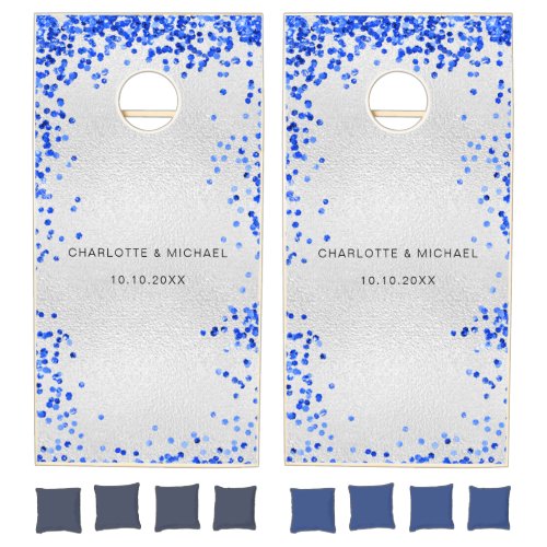 Silver royal blue glitter names wedding cornhole set