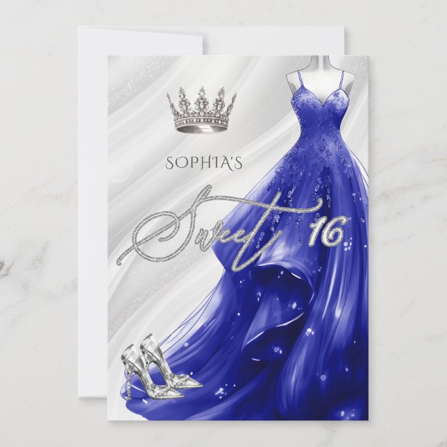 Silver Royal Blue Glitter Sparkle Dress Sweet 16 Invitation (Front)