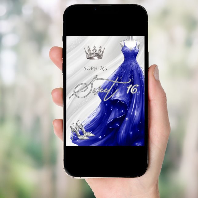Silver Royal Blue Glitter Sparkle Dress Sweet 16 Invitation (Front Digital)