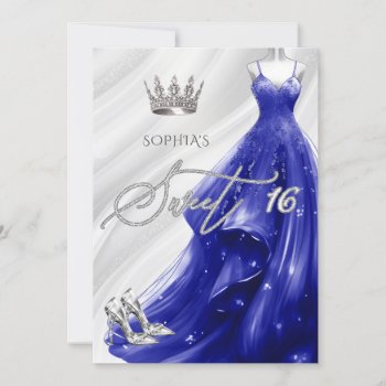 Silver Royal Blue Glitter Sparkle Dress Sweet 16 Invitation by Invitationboutique at Zazzle