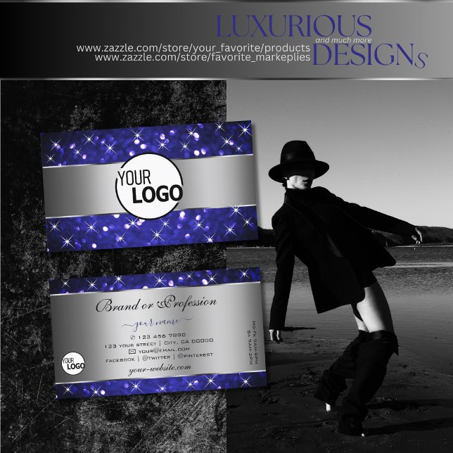 Silver Royal Blue Glitter Sparkle Stars and Logo Business Card (Creator Uploaded)