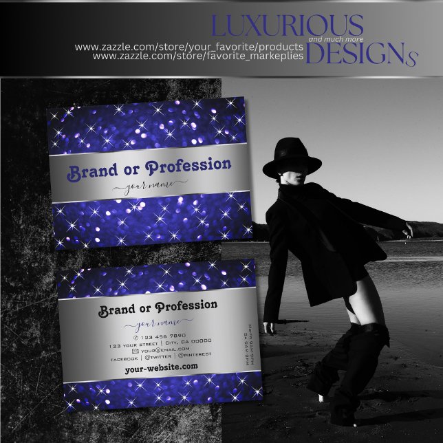 Silver Royal Blue Glitter Sparkle Stars Elegance Business Card (Creator Uploaded)