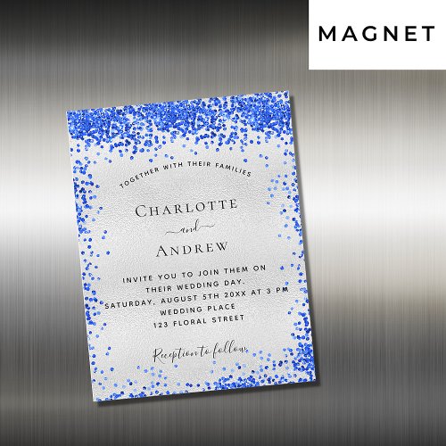 Silver royal blue luxury wedding invitation magnet