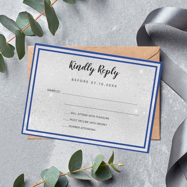 Silver royal blue metal elegant bow wedding RSVP Note Card (Creator Uploaded)