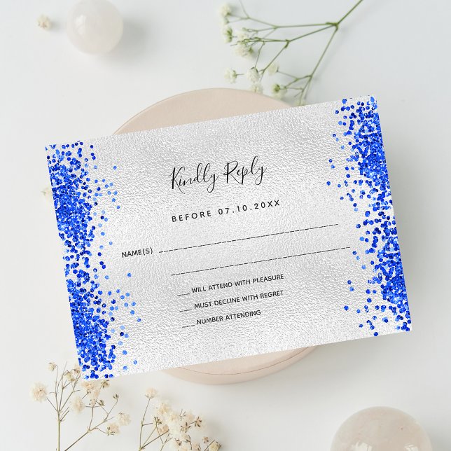 Silver royal blue modern wedding RSVP Note Card (Creator Uploaded)