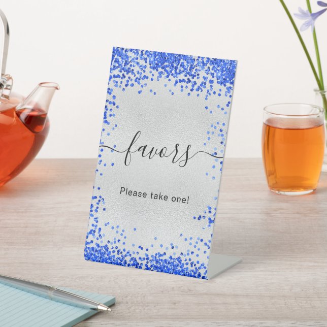 Silver royal blue party favors pedestal sign (In SItu)