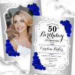 Silver Royal Blue Photo Elegant 50th Birthday Invitation<br><div class="desc">Elegant floral feminine 50th birthday invitation with your photo at the back of the card. Glam design with faux silver. Features royal blue roses, script font and confetti. Perfect for a stylish adult bday celebration party. Personalise with your own details. Can be customised for any age! Printed Zazzle invitations or...</div>