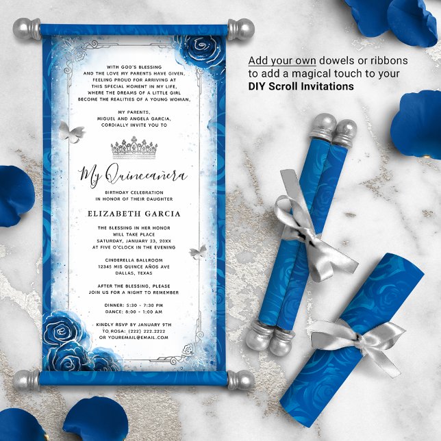 Silver Royal Blue Quince DIY Scroll Invitations (DIY scrolls do not come with dowels. Add your own or roll up with a ribbon for an elegant touch!)