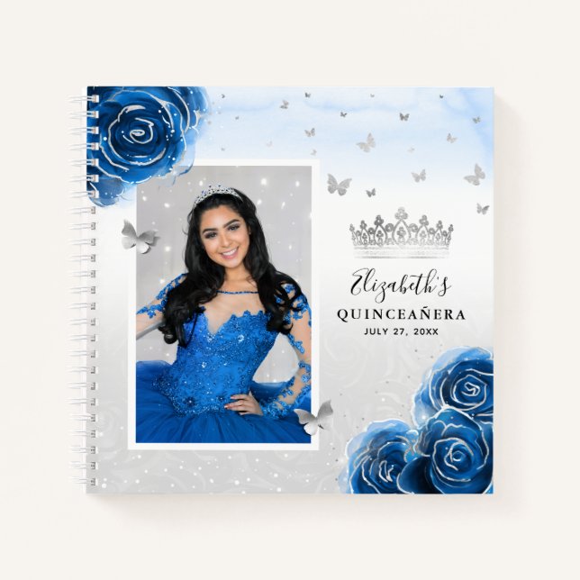 Silver Royal Blue Roses Photo Quinceanera Guest Notebook (Front)