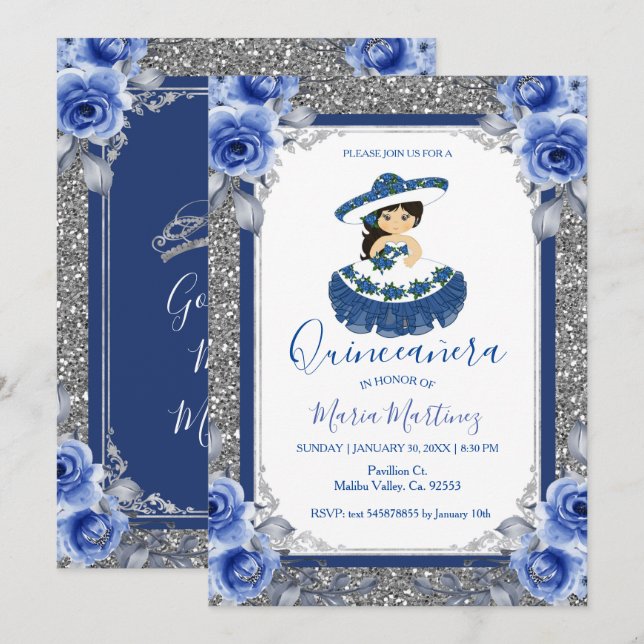  Silver Royal Blue Roses Quinceanera  Invitation (Front/Back)