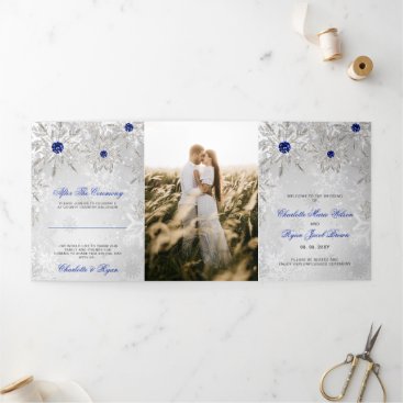Silver Royal Blue Snowflake Winter Wedding  Tri-Fold Program