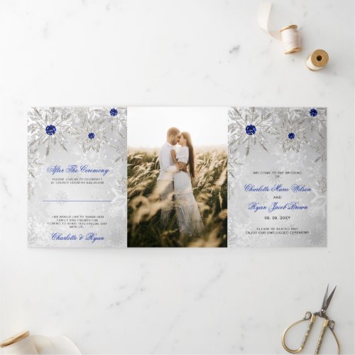 Silver Royal Blue Snowflake Winter Wedding  Tri_Fold Program