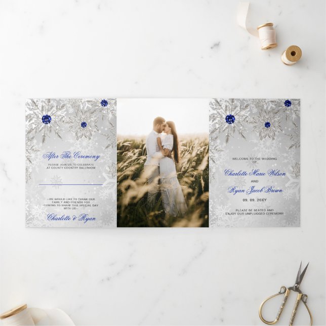 Silver Royal Blue Snowflake Winter Wedding  Tri-Fold Program (Outside)