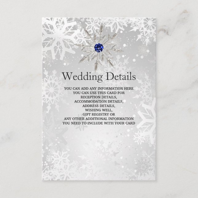 silver royal blue snowflakes Wedding Details Card (Front)