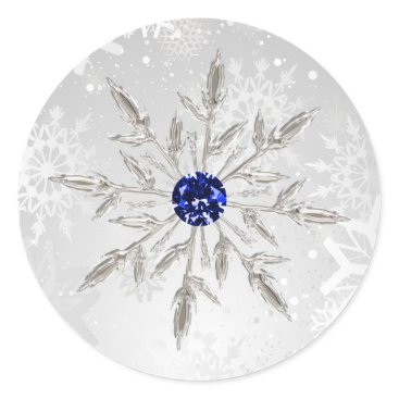silver royal blue snowflakes winter wedding classic round sticker