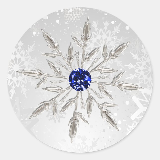 silver royal blue snowflakes winter wedding classic round sticker (Front)