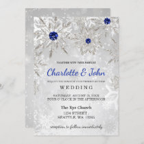 Silver Royal Blue snowflakes Winter Wedding Invitation