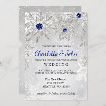 Silver Royal Blue Snowflakes Winter Wedding Invitation by blessedwedding at Zazzle