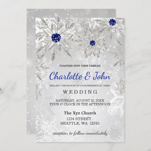 Silver Royal Blue snowflakes Winter Wedding Invitation