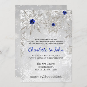 silver royal blue snowflakes winter wedding invitation