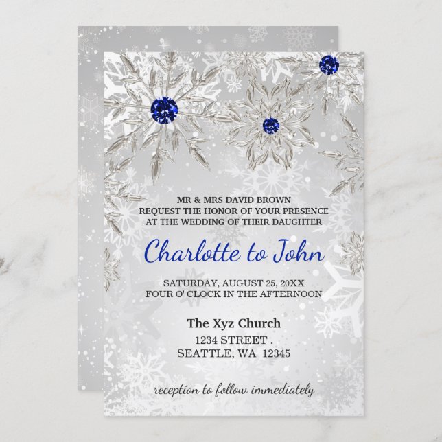 silver royal blue snowflakes winter wedding  invitation (Front/Back)