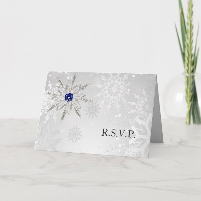silver royal blue snowflakes winter wedding rsvp  invitation (Front)