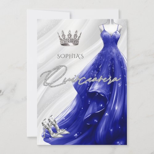 Silver Royal Blue Sparkle Dress Quinceaera  Invitation