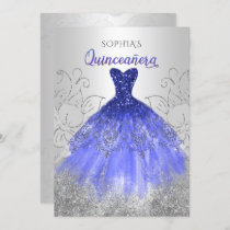 Silver Royal Blue Sparkle Dress Quinceañera  Invitation