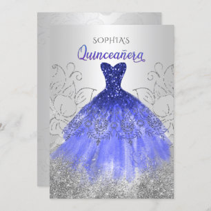 Silver Royal Blue Sparkle Dress Quinceañera  Invitation