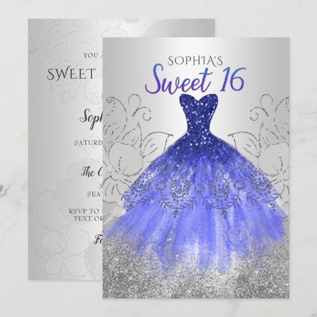 Silver Royal Blue Sparkle Dress Sweet 16  Invitation (Front/Back)