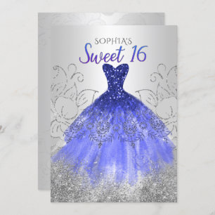 Silver Royal Blue Sparkle Dress Sweet 16 Invitation