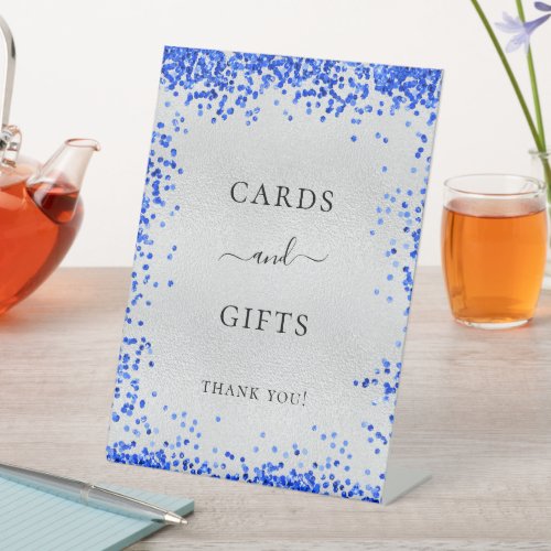 Silver royal blue wedding cards gifts pedestal sign