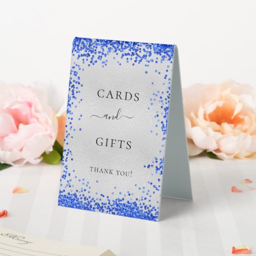 Silver royal blue wedding cards gifts table tent sign