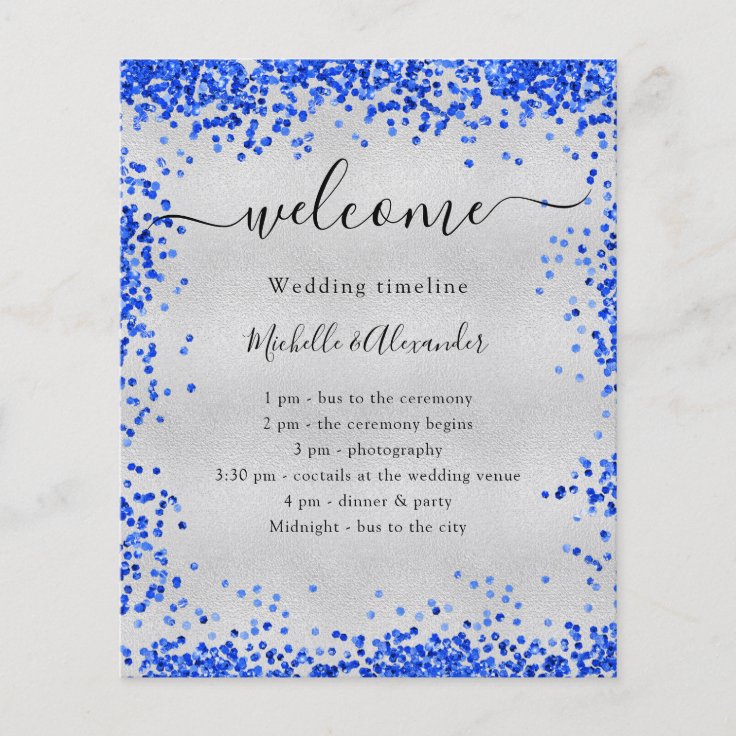 Silver royal blue wedding program timeline budget flyer | Zazzle
