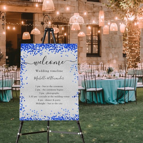 Silver royal blue wedding program timeline foam board