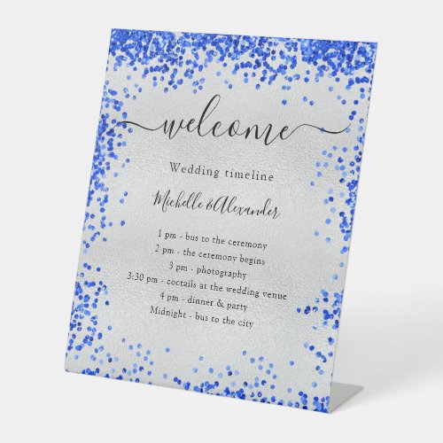 Silver royal blue wedding program timeline pedestal sign