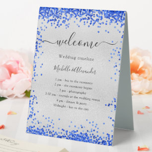 Silver royal blue wedding program timeline table tent