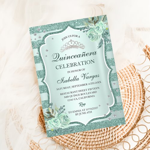  Silver Royal Green Quinceanera Birthday Invitation