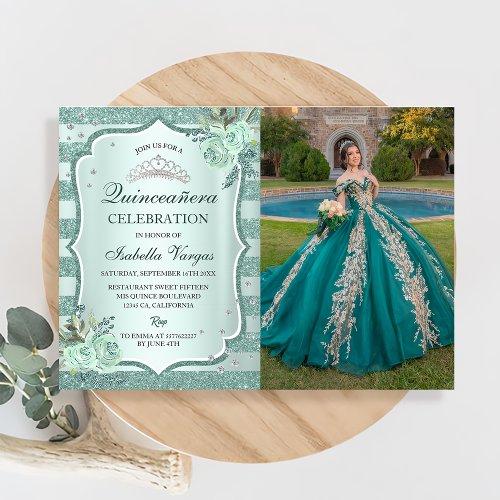 Silver Royal Green Quinceanera Birthday Photo Invitation