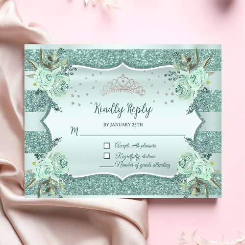 Silver Royal Green Quinceanera Birthday RSVP Card