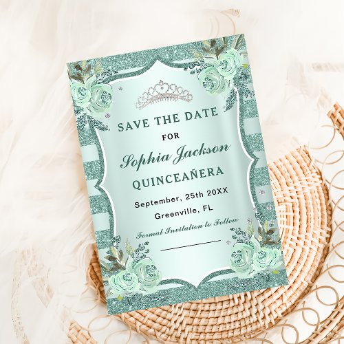 Silver Royal Green Quinceanera  Save The Date